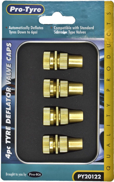 PK TOOL Tyre Deflator Valve Caps 4pc Set 6 - 30 PSI 100% Brass 4WD