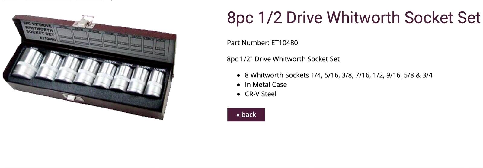 Eurotech 8 Piece 1/2in Drive Whitworth Socket Set ET10480