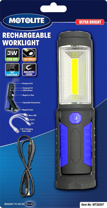 Motolite Rechargable Worklight With 3W COB & 1W LED Torch - Magnetic Base