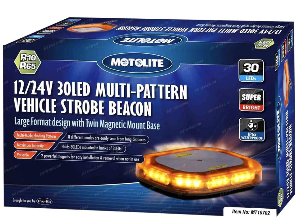 Motolite 12V/24V 30 LEDs Multi-Pattern Vehicle Strobe Beacon - Multi-mode Flash