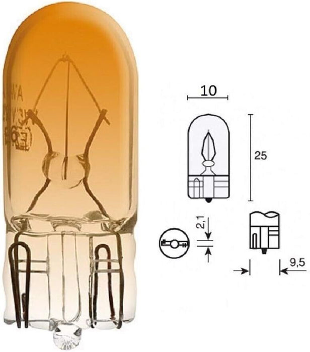 Motolite Small Wedge Park Brake Light Globe 10PC T-10mm 12V 5W W2.1X9.5D Amber
