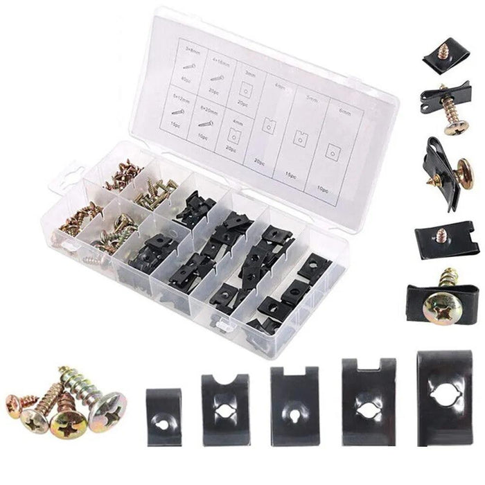 PK TOOL 170pcs Universal Iron 3-6mm Panel U-Clips Speed Nut Kit with Screws