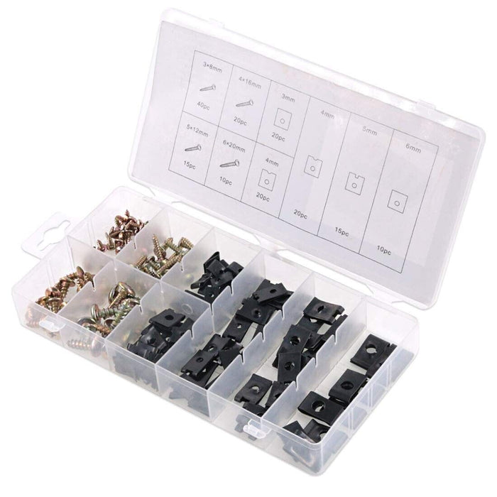 PK TOOL 170pcs Universal Iron 3-6mm Panel U-Clips Speed Nut Kit with Screws