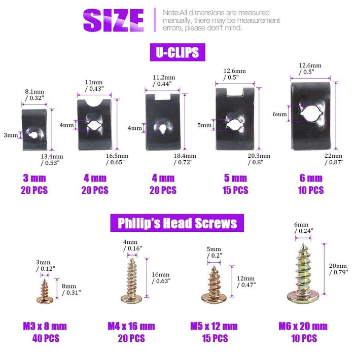 PK TOOL 170pcs Universal Iron 3-6mm Panel U-Clips Speed Nut Kit with Screws