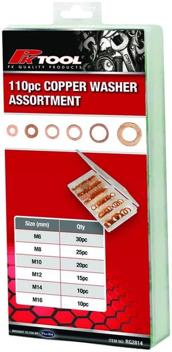 PK TOOL 110 PC COPPER WASHER SET ASSORTMENT KIT 5 - 6 - 8 - 10 - 12 - 16mm