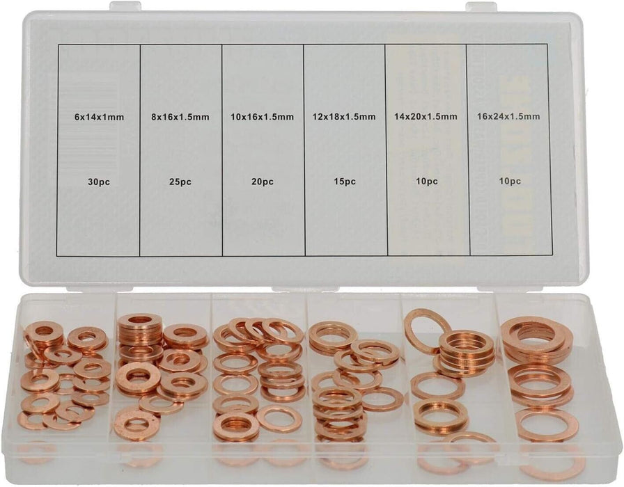PK TOOL 110 PC COPPER WASHER SET ASSORTMENT KIT 5 - 6 - 8 - 10 - 12 - 16mm