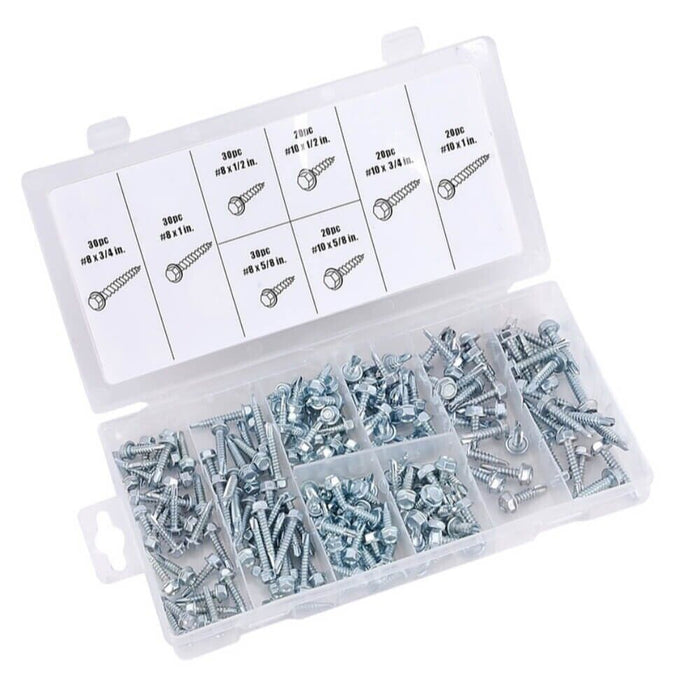 PK TOOL 200pc Self Tapping, Hex Washer Head Self Drilling Screw Assortment #349