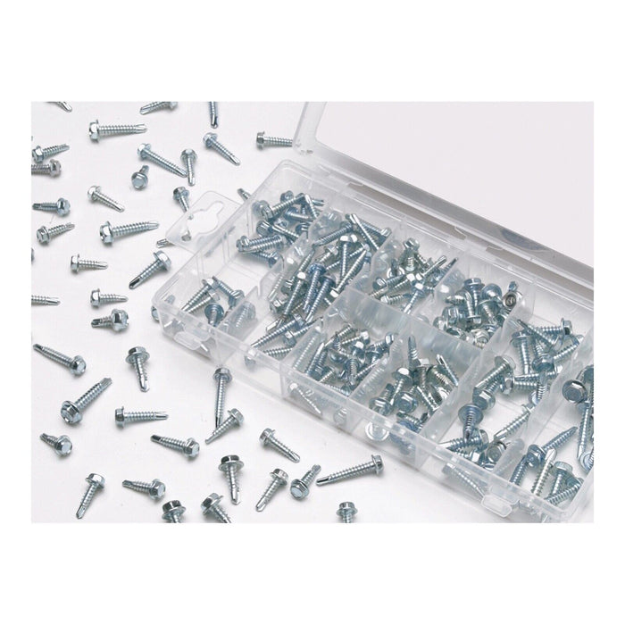 PK TOOL 200pc Self Tapping, Hex Washer Head Self Drilling Screw Assortment #349