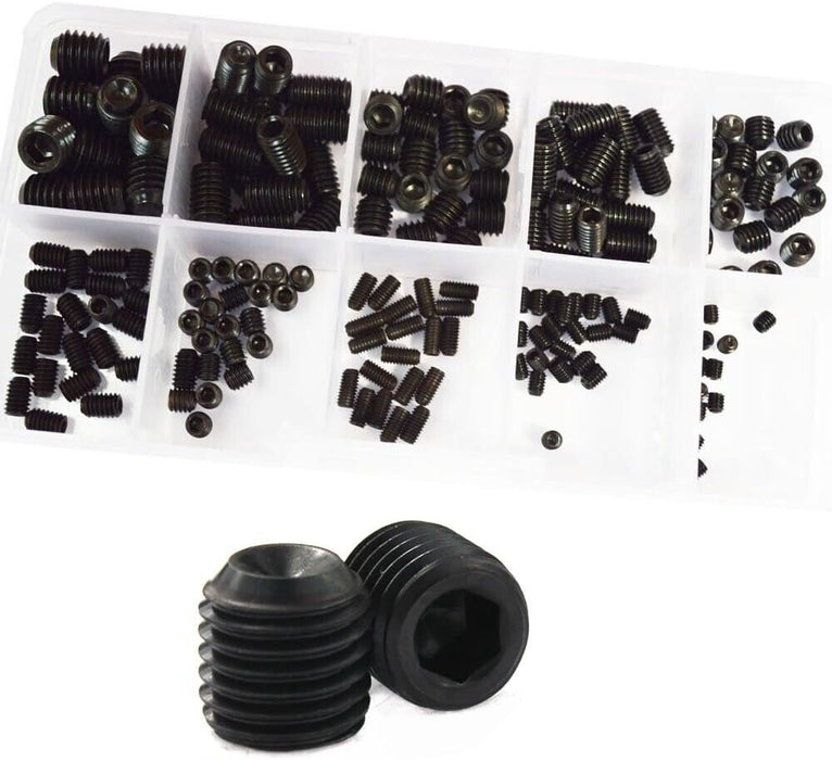 200pc BLACK GRUB SCREW ASSORTMENT KIT SET SCREW 10 SIZES 3 to 10mm HEX HEAD NEW - FISHER DISCOUNT