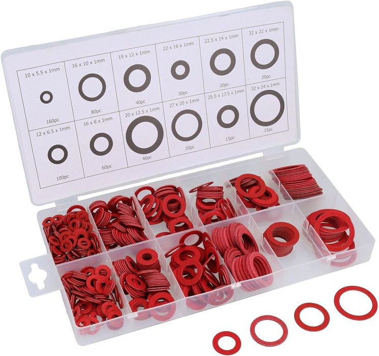 600pc Red Vulcanised Fibre Washer Gasket 12 Size Round Insulation Paper Plumbing