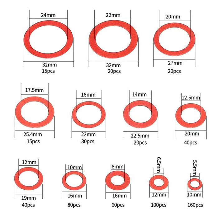 600pc Red Vulcanised Fibre Washer Gasket 12 Size Round Insulation Paper Plumbing