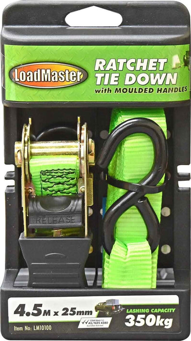 Loadmaster 4.5M x 25mm Ratchet Tie Down - with Moulded Handles 350KG Capacity