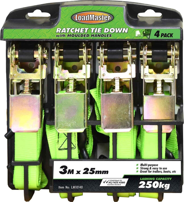 4 PIECE RATCHET TIE DOWN STRAPS SET 3m x 25mm 250KG Lashing Capacity