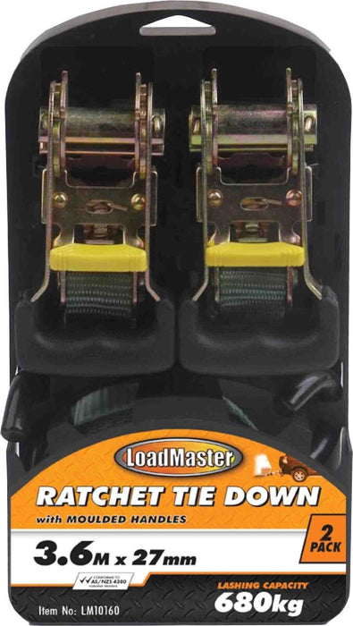 LoadMaster 4PC Ratchet Tie Down Set 3.6m Long x2.7cm Wide Adjustable Strap 680KG