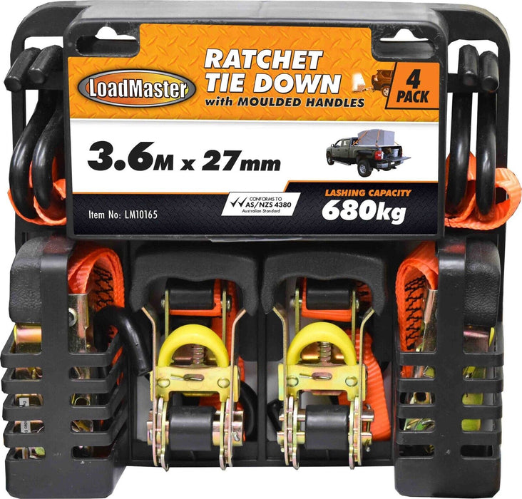 LoadMaster Heavy Duty 4PC Ratchet Tie Down Set 3.6m * 27mm Long Adjustable Strap