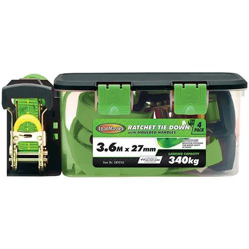 Loadmaster 4 Pc 3.6Mx27mm Reflective Strap Ratchet Tie Down 340KG Capacity Green