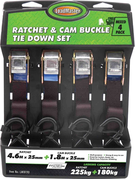 Loadmaster 4PC Tie Down Cam Buckle Set 1.8mx25mm Straps 225kg Cars Trucks Ladder