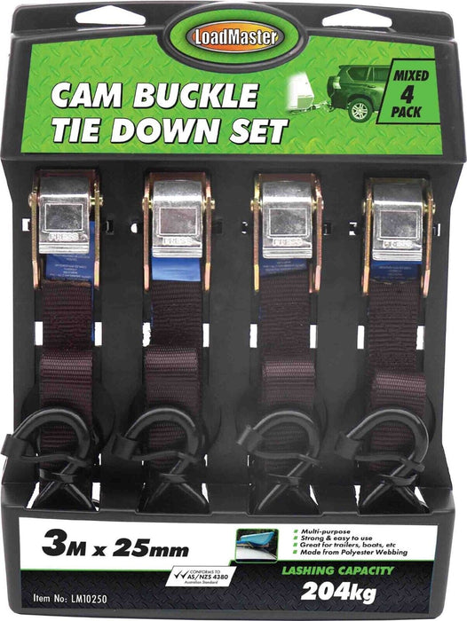 Loadmaster LightGreen 3m Cam Buckle Tie Down Strap Working load 204Kg 4PK