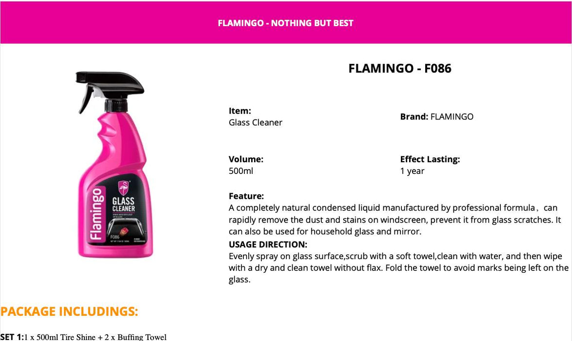 Flamingo Glass Cleaner 500ml Windows Windscreen Mirrors Car & Household