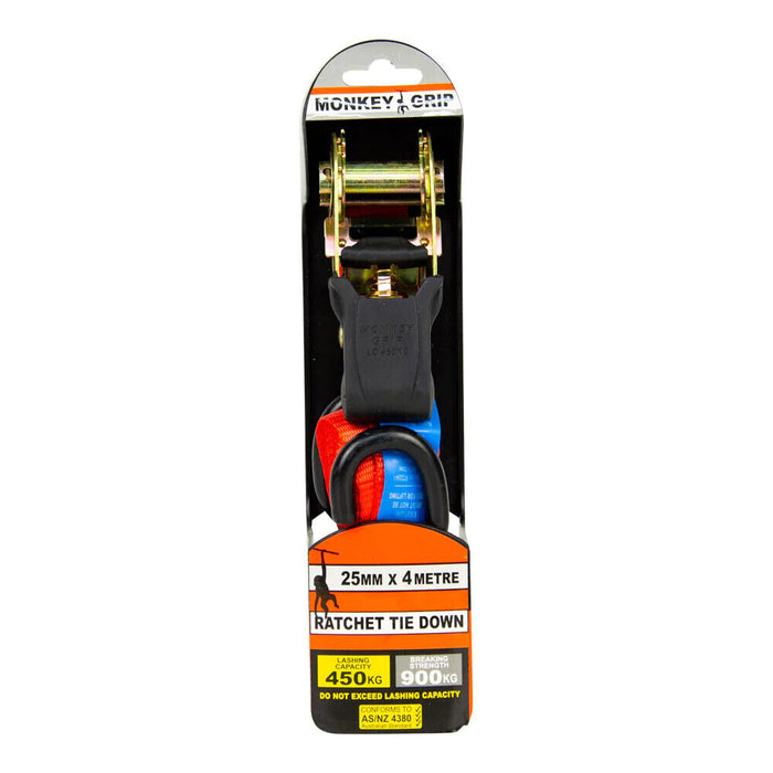 Monkey Grip Ratchet Tie Down 450KG Capacity 25mm Webbing - Monkey Grip