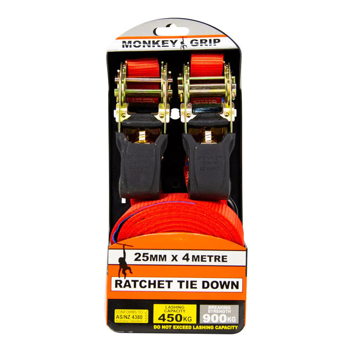 Monkey Grip Ratchet Tie Down 450KG Capacity 25mm Webbing - Monkey Grip