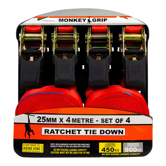 Monkey Grip Ratchet Tie Down 450KG Capacity 25mm Webbing - Monkey Grip