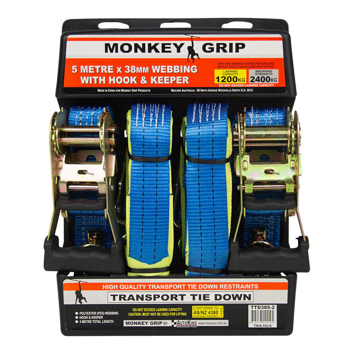 Monkey Grip Transport Tie Down 1200KG Capacity 38mm Webbing AS/NZ 4380  Hi-Vis