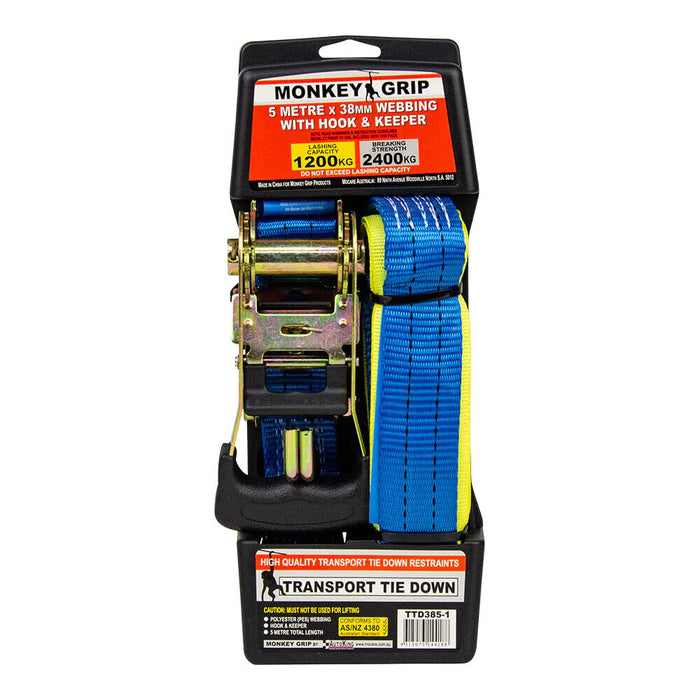 Monkey Grip Transport Tie Down 1200KG Capacity 38mm Webbing AS/NZ 4380  Hi-Vis