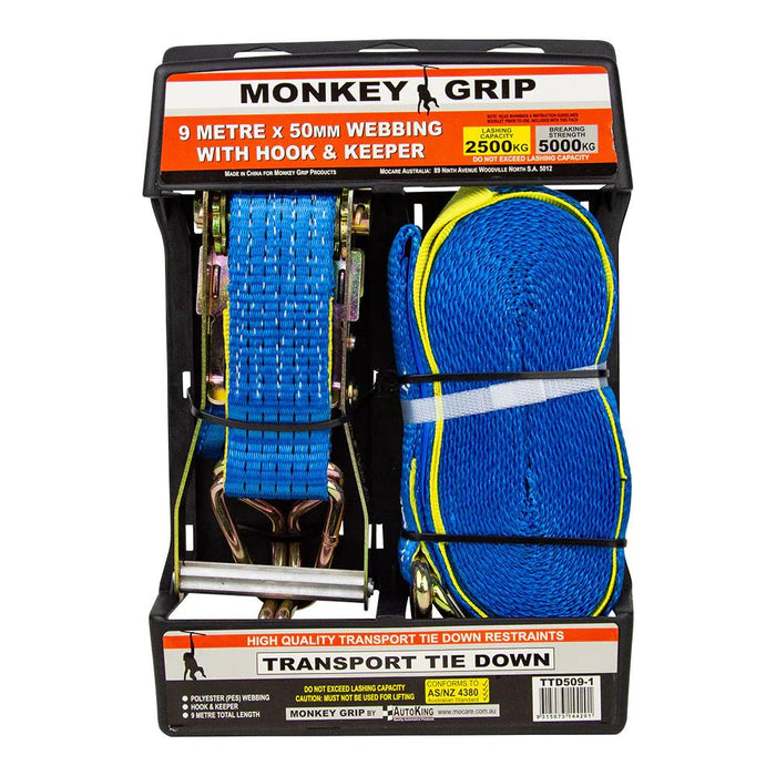 Monkey Grip Transport Tie Down 2500KG Capacity 50mm Webbing 4/9/12M AS/NZ 4380