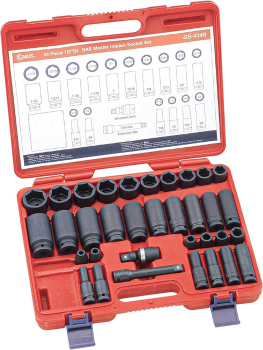 Genius Tools 34PC 1/2" Dr. SAE Master Impact Socket Set (CR-Mo) - GS-434S Taiwan