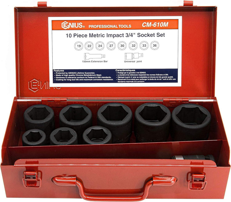 Genius Tools 10PCS 3/4" Dr Metric Impact Socket Set (CR-Mo) CM-610M Made Taiwan