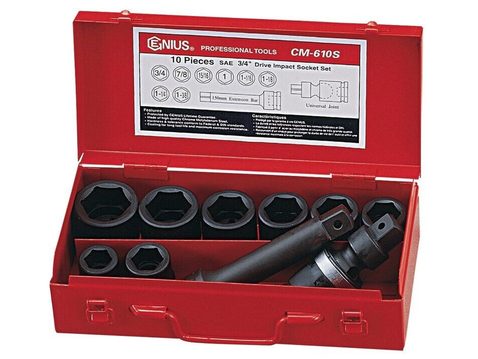 Genius Tools 10PCS 3/4" Dr. SAE Impact Socket Set (CR-Mo) Made in Taiwan CM-610S