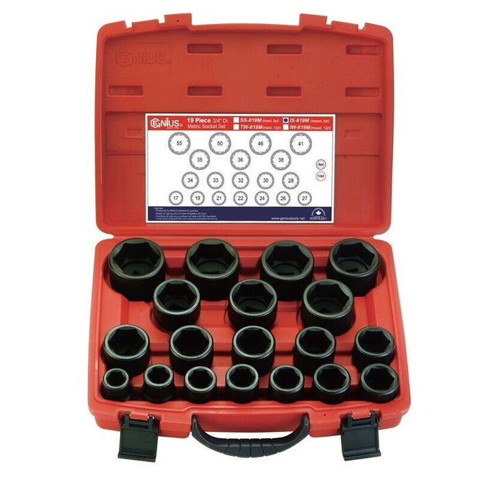 GENIUS TOOLS 19PC 3/4" Dr Metric Impact Socket Set 7~50mm Made in Taiwan