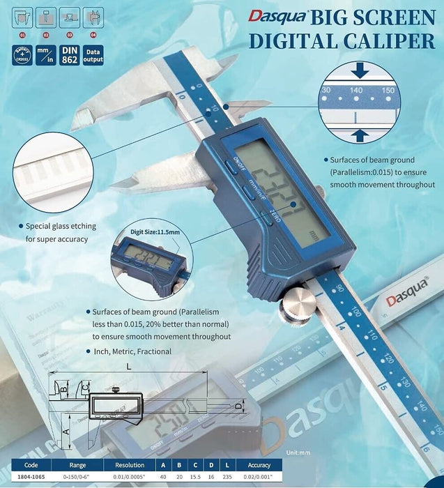 DASQUA IP67 Splash-Proof Digital Caliper (0-200mm / 0-6")(Super Big Screen)