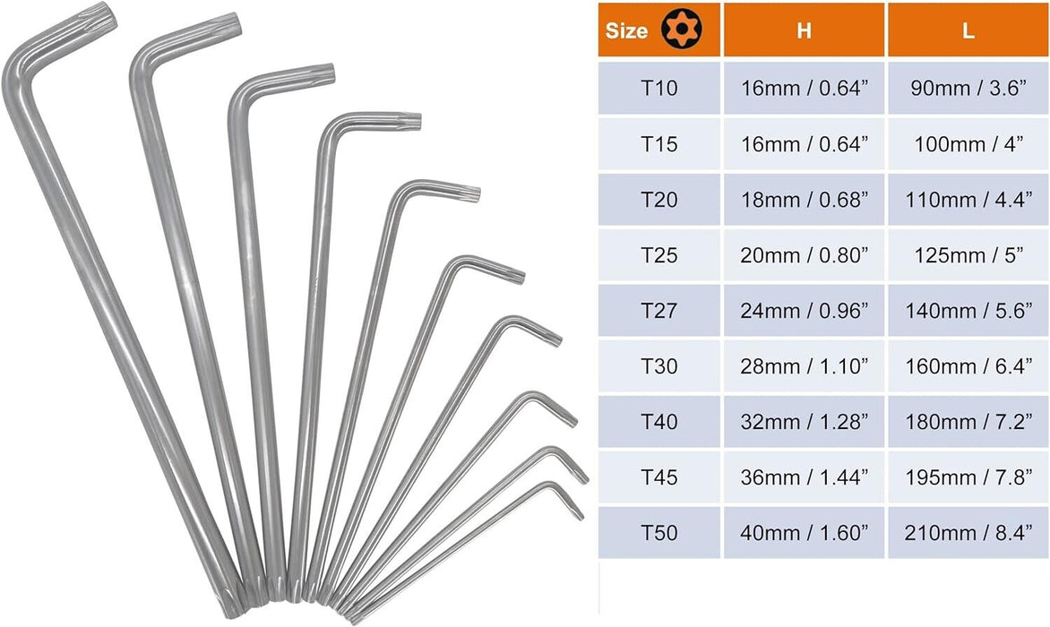 PK TOOL 9PCS LONG ARM TAMPER PROOF STAR TORX MADE IN TAIWAN  T10-T50