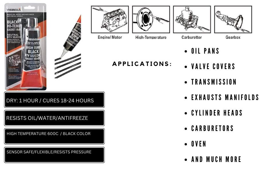 Visbella Hi Temp BLACK RTV Silicone Gasket Maker Sealant 315degC 85gr Automotive