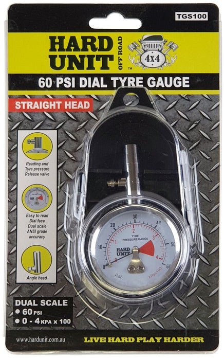 Hard Unit 4WD Tyre Pressure Gauge Kit 2" Dial 0 - 60 PSI Straight Valve + Case