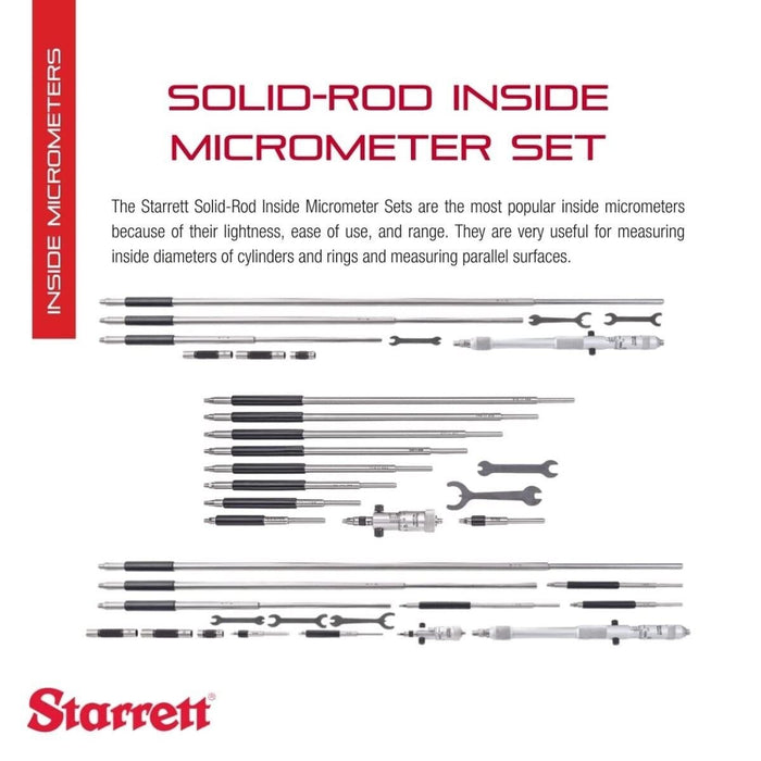 Starrett 124AZ Solid Rod Inside Micrometer Set 2-8" Range, .001" Graduation