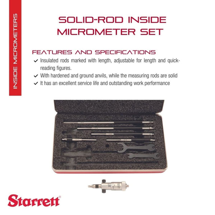 Starrett 124AZ Solid Rod Inside Micrometer Set 2-8" Range, .001" Graduation