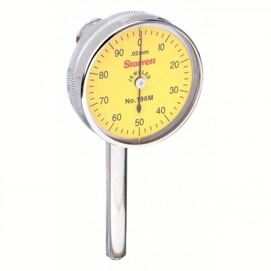 STARRETT Back Plunger Dial Indicator: 0 to 2.5 mm Range, Continuous Reading, 0-1