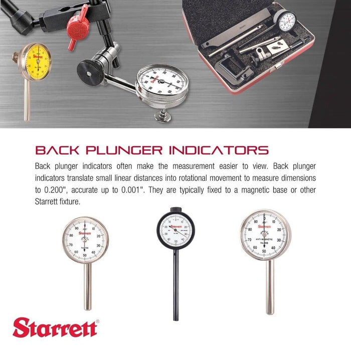 STARRETT Back Plunger Dial Indicator: 0 to 2.5 mm Range, Continuous Reading, 0-1