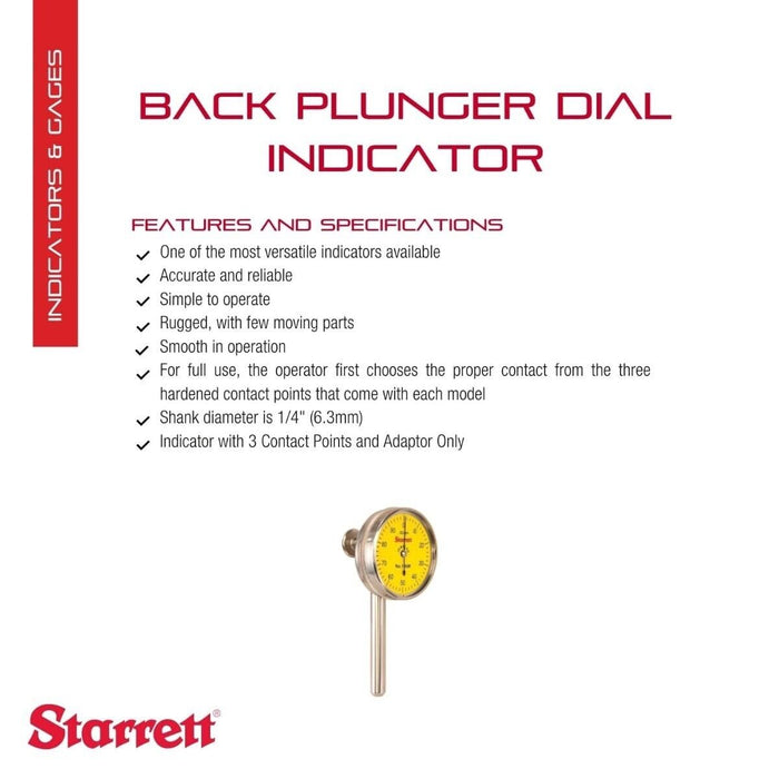 STARRETT Back Plunger Dial Indicator: 0 to 2.5 mm Range, Continuous Reading, 0-1