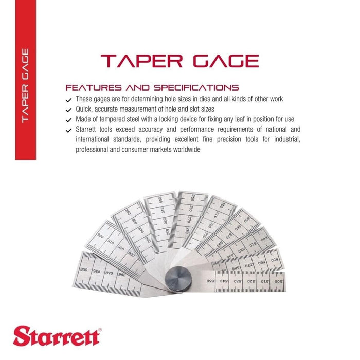 Starrett 269B Tempered Steel Taper Gauge, 0.500-inch - 1-inch Range MADE IN USA