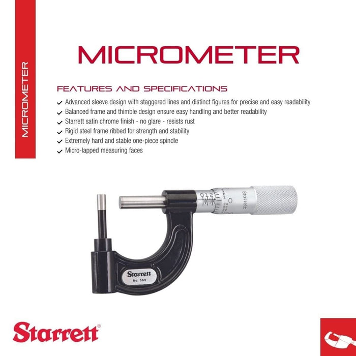 Starrett Tube Micrometer Satin Chrome Finish Advance 0-1" 001" Grad Made in USA