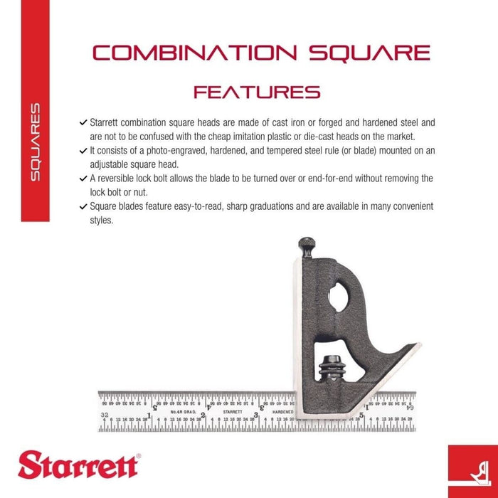 Starrett C11H-12-4R Combination Square with Square Head, 12" Made in USA