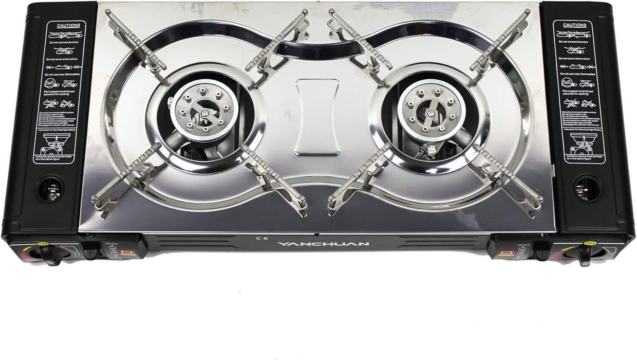 Portable Outdoor Twin Stove Camping Hiking 2 Burner Gas Stove BBQ Cooker & Plate