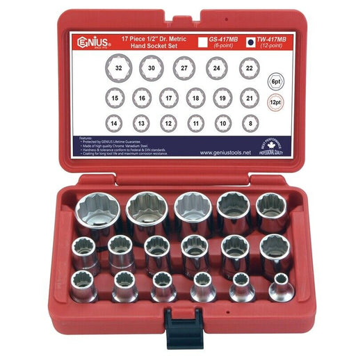 Genius Tools Mertic 1/2” Dr. 17 PCS 12PT Hand Socket Set Made în Taiwan. 8-32mm - FISHER DISCOUNT