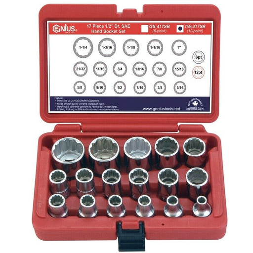 Genius Tools SAE 1/2” Dr. 17 PCS 12PT Hand Socket Set Made în Taiwan 5/16-1-1/4” - FISHER DISCOUNT