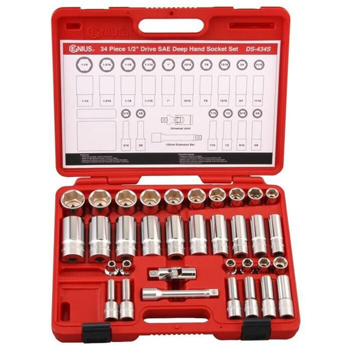 Genius Tools 34PCS 1/2" Dr SAE  Hand Socket Set Made Taiwan 5/16~ 1-1/ 4 DS-434S - FISHER DISCOUNT