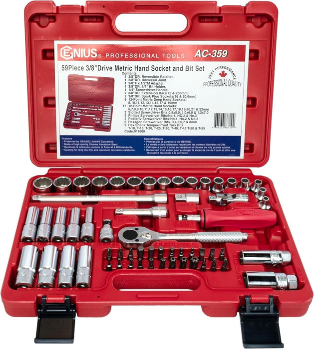 Genius Tools 59 Piece 3/8"Dr 12PT Metric Hand Socket & Bit Set Made in Taiwan